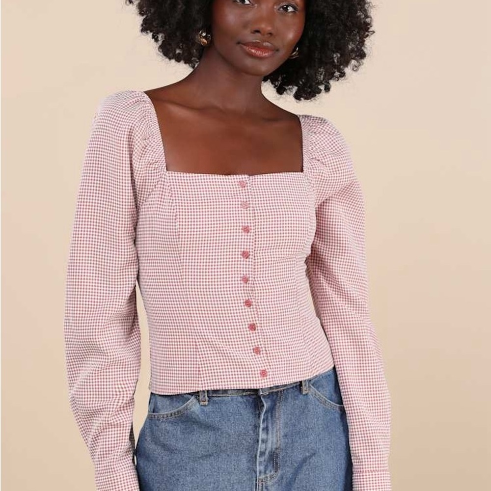 Lulus Demure and Sweet Terracotta Pink Gingham Button-Front Long Sleeve Top XL - Picture 2 of 10